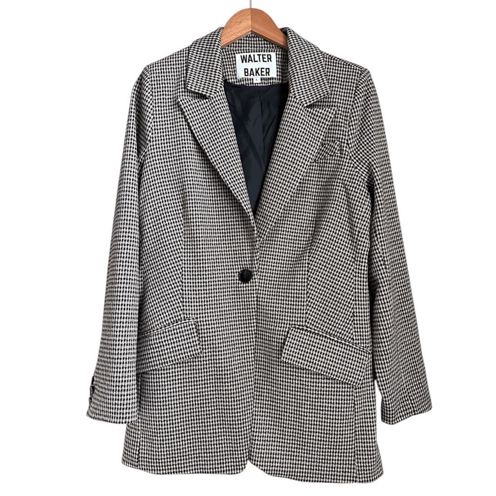 Walter Baker Women Blazer Jacket Large Black Cream Houndstooth Plaid Career